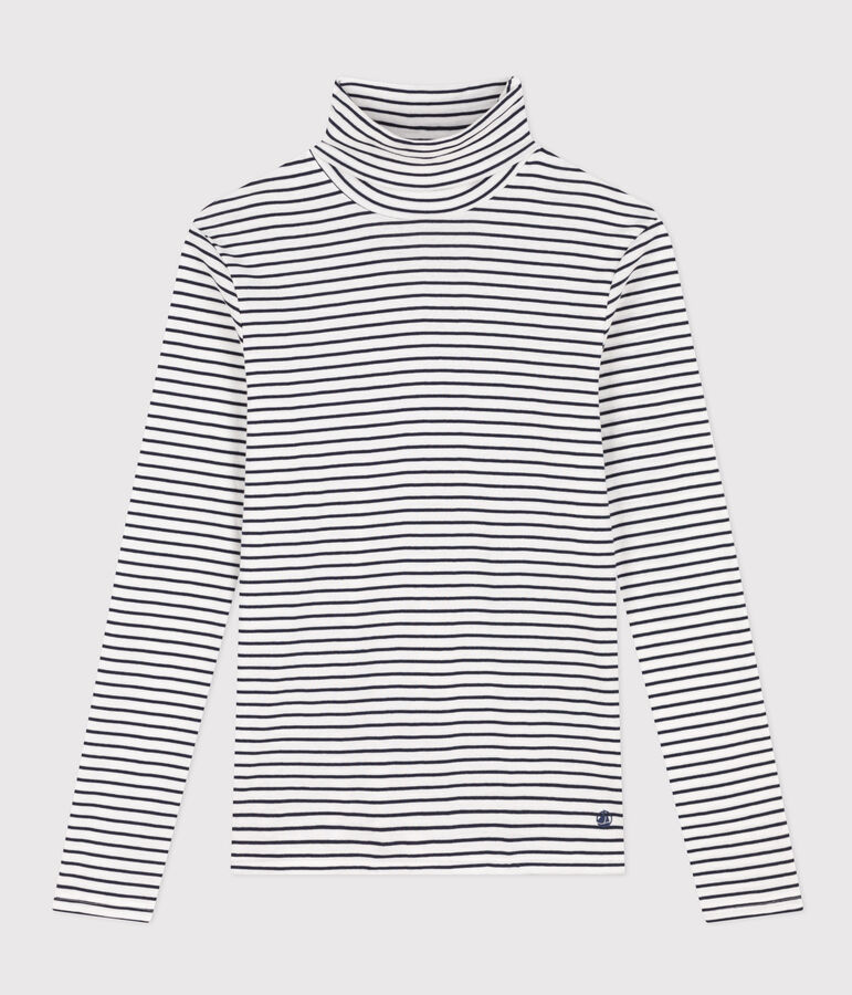 Tee-shirt col roul&eacute; L'ICONIQUE en coton Femme blanc MARSHMALLOW/bleu SMOKING