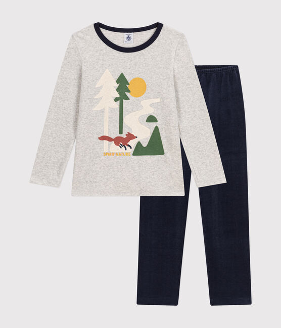 Effen kinderpyjama van velours blauw SMOKING/wit MULTICO