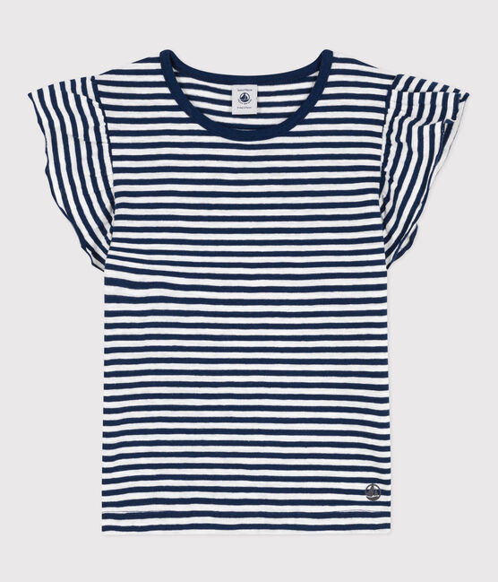Gestreept T-shirt in katoen voor meisjes blauw MEDIEVAL/wit MARSHMALLOW