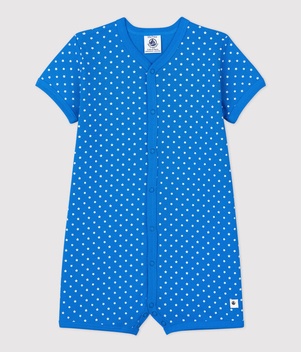 Kort biokatoenen babypakje met bolletjesprint blauw/wit