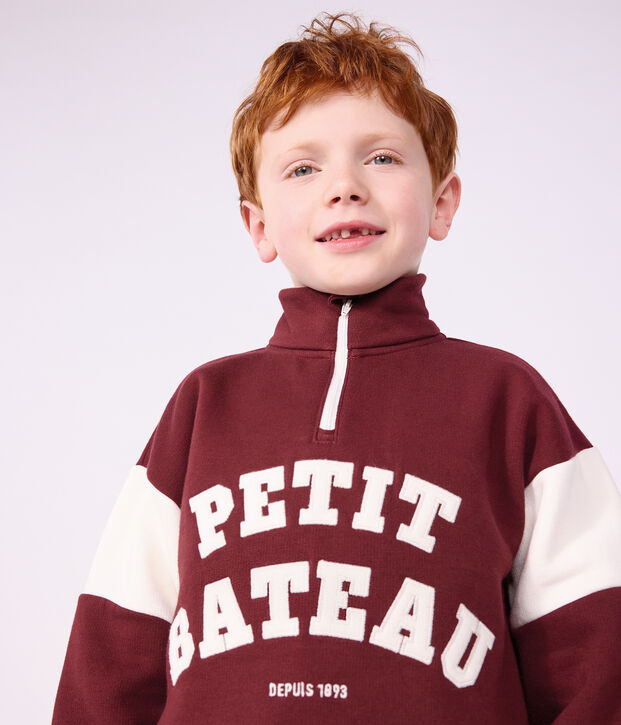 Effen katoenen sweatshirt met colorblock en schipperskraag voor kinderen rood/ecru