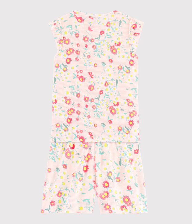 Korte gebloemde meisjespyjama van ribtricot wit/multicouleur
