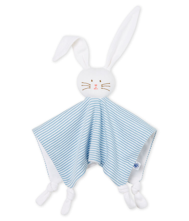 Doudou lapin b&eacute;b&eacute; en c&ocirc;te bleu/blanc