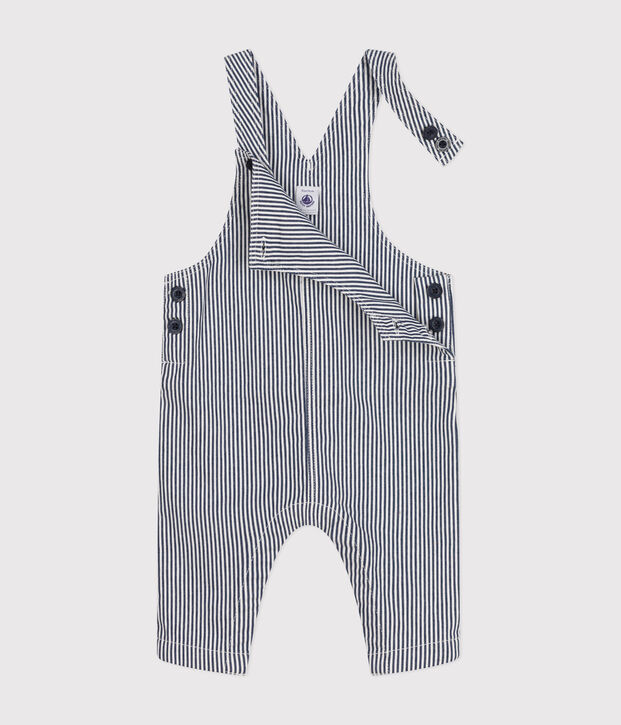 Salopette longue en toile b&eacute;b&eacute; bleu/blanc