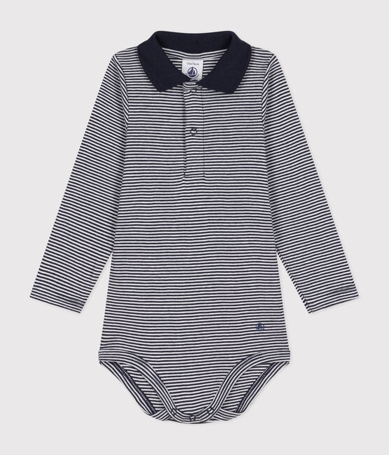 Body manches longues rayé à col en coton bébé bleu SMOKING/blanc MARSHMALLOW