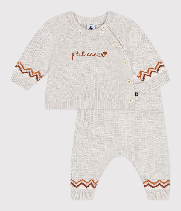 Ensemble 2 pi&egrave;ces b&eacute;b&eacute; en tricot, imprim&eacute; P'tit C&oelig;ur beige/multicouleur