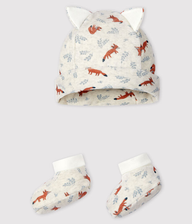 Lot bonnet naissance et chaussons renard b&eacute;b&eacute; gar&ccedil;on en velours beige/multicouleur