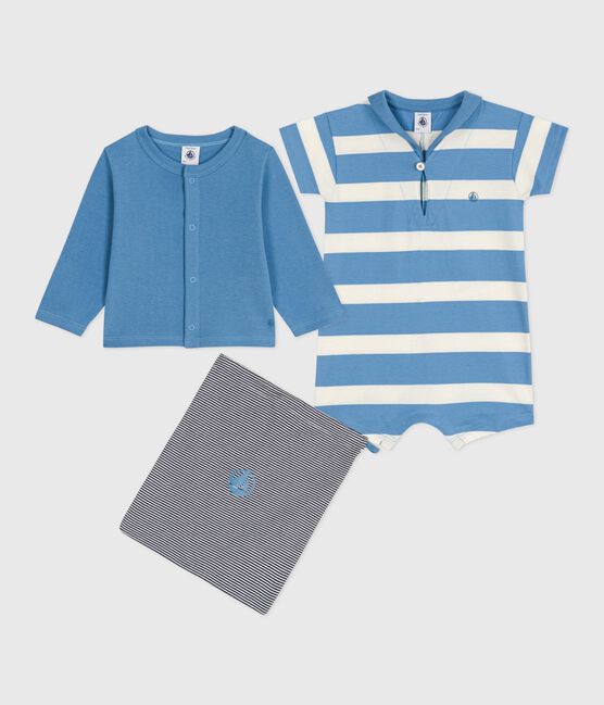 Tweedelig katoenen babysetje met effen vestje en kort pakje blauw ALASKA/wit MULTICO