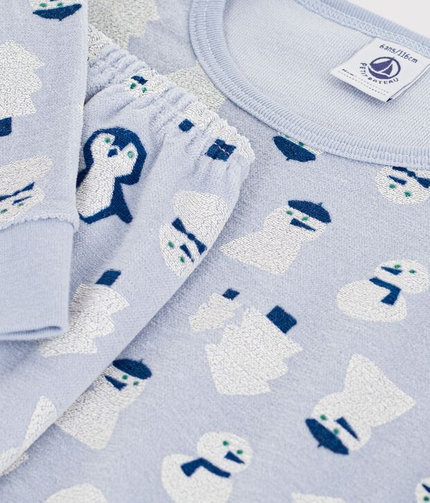 Pyjama enfant en velours imprim&eacute; bonhommes de neige bleu/multicouleur