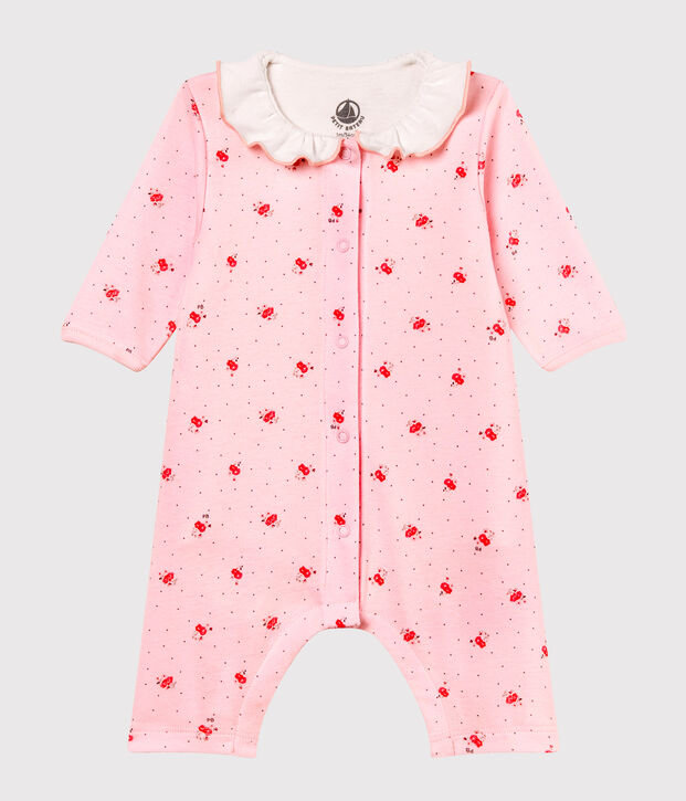 Bodyjama zonder voetjes voor babymeisje van 1x1 ribstof met print roze/multicouleur