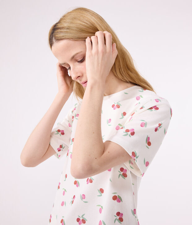 Korte katoenen damespyjama met vruchtenprint wit/multicouleur