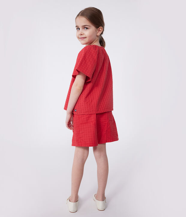 Blouse enfant en coton manches courtes &agrave; motif fleurie rouge
