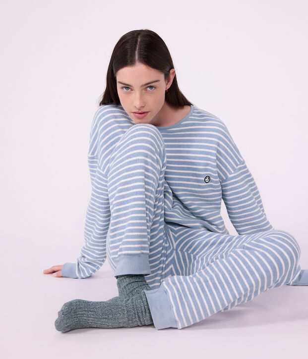 Pyjama femme en coton &eacute;ponge &agrave; rayures bleu/&eacute;cru
