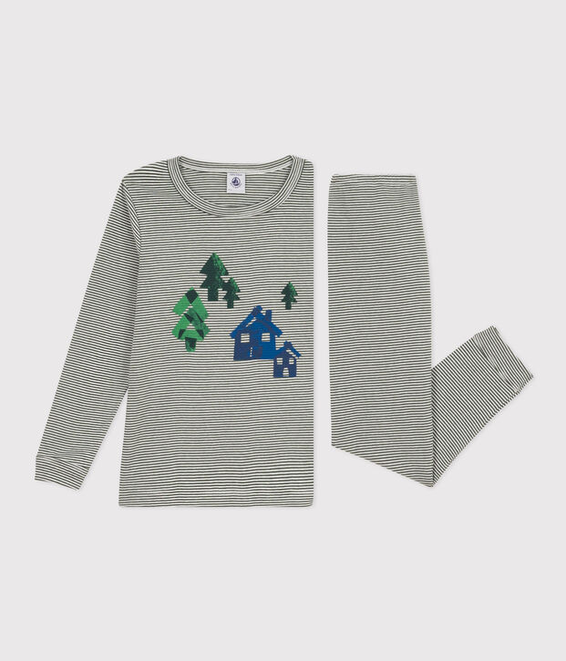 Pyjama ray&eacute; en coton enfant vert/blanc