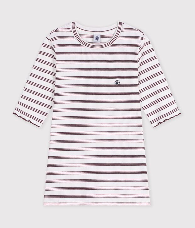 Tee-shirt femme en coton manches courtes &agrave; rayures blanc/rouge