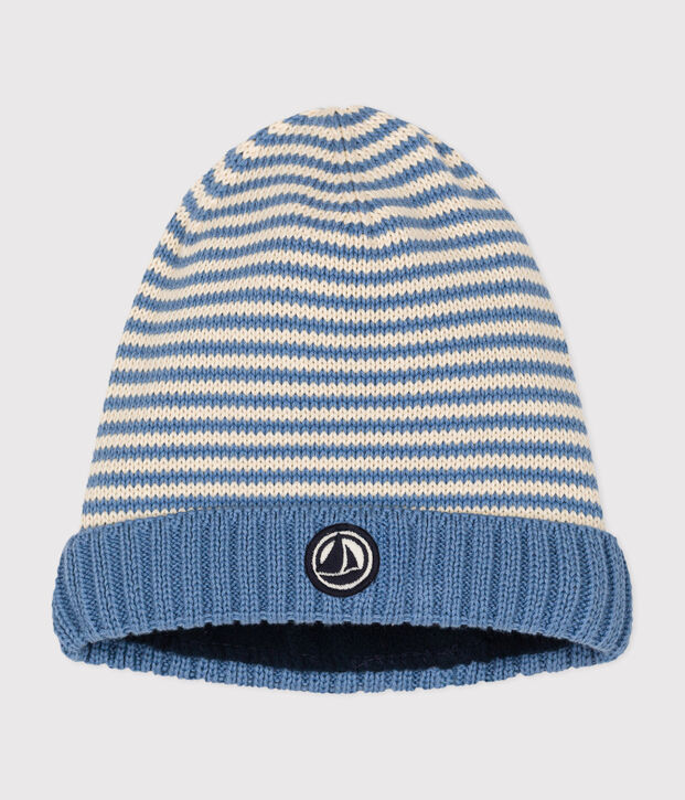 Bonnet en tricot doubl&eacute; en polaire b&eacute;b&eacute; bleu/&eacute;cru