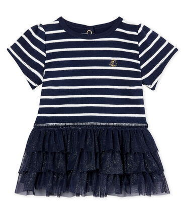 Marine Gestreepte Jurk Met Tule Voor Meisjesbaby Petit Bateau