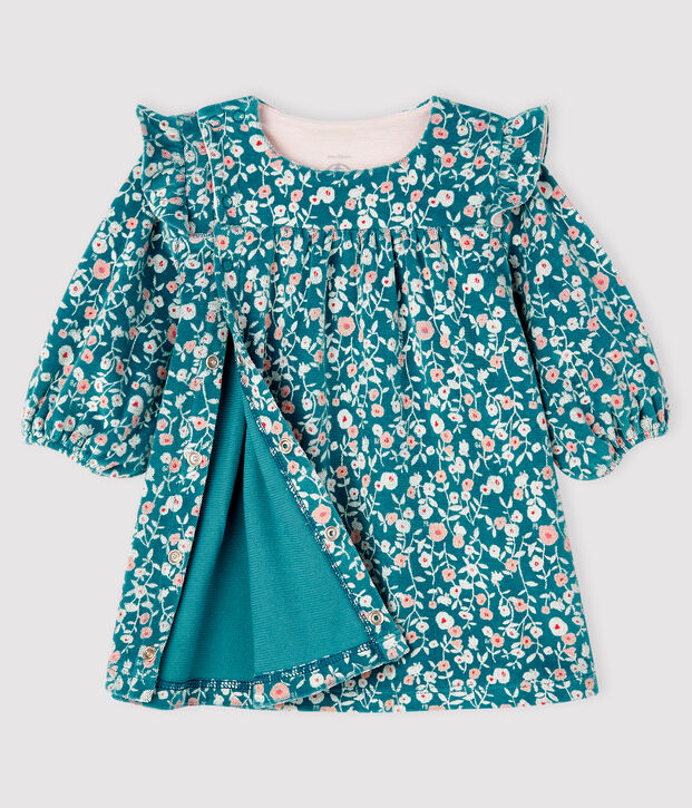 Bloemenjurk met lange mouwen voor babymeisje van velours groen/multicouleur