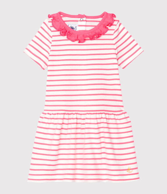 Gestreepte jurk met boord babymeisje wit MARSHMALLOW/roze CUPCAKE