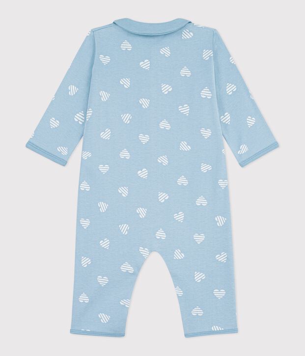 Katoenen babypyjama zonder voetjes met kraag en hartjesprint groen/wit