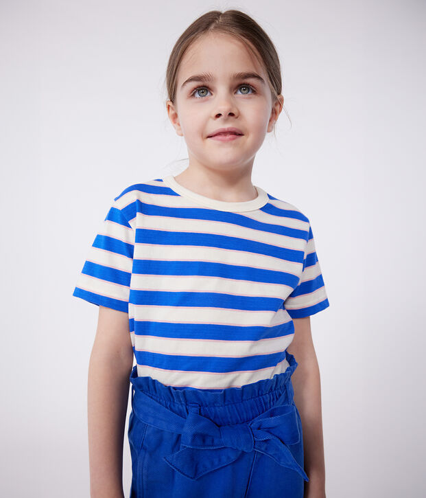 Tee-shirt enfant en coton manches courtes &agrave; rayures &eacute;cru/multicouleur