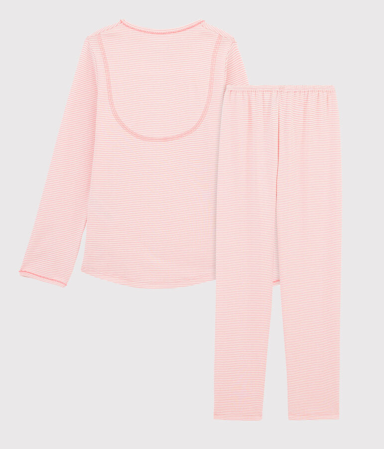 Pyjama &agrave; rayures milleraies petite fille en c&ocirc;te rose/blanc
