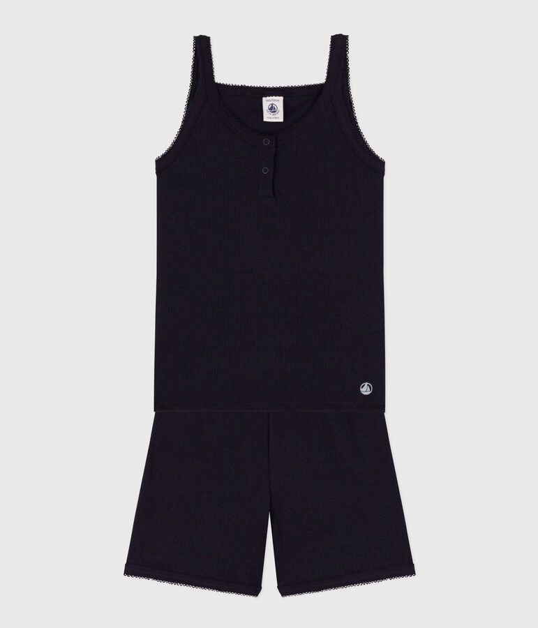 Pyjacourt &agrave; bretelles uni en coton et lyocell petite fille bleu