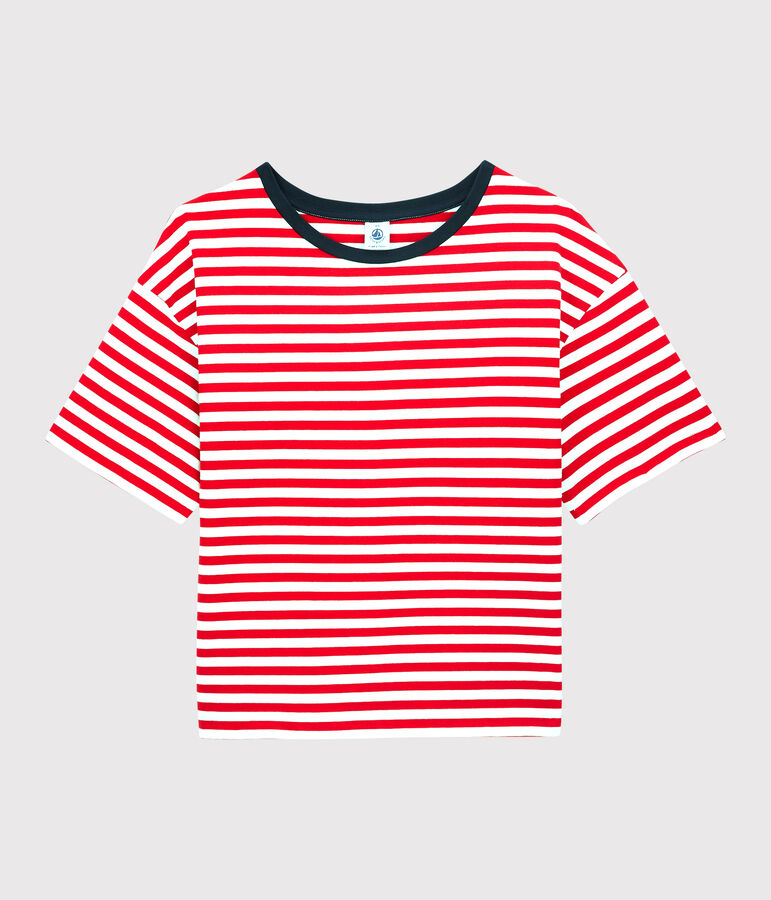 T-shirt voor dames in katoen, DE BOXY rood PEPS/wit MARSHMALLOW