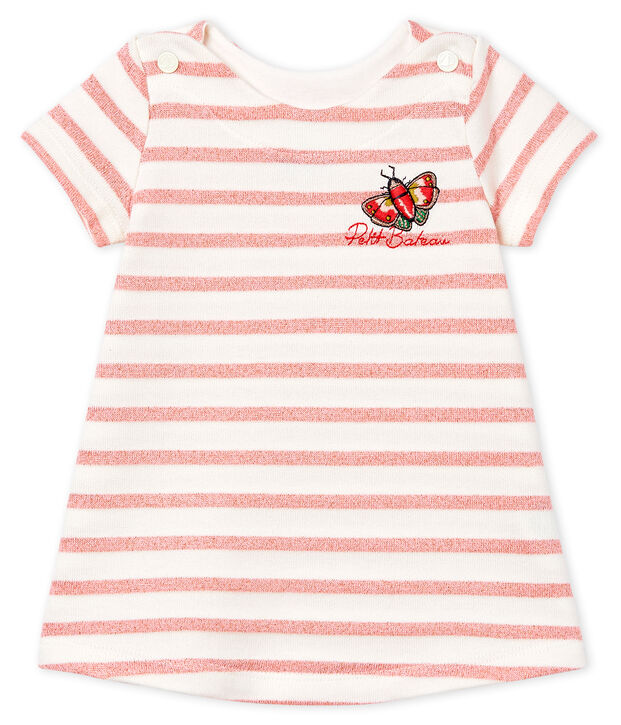 Gestreepte jurk met korte mouwen voor baby meisje wit/roze