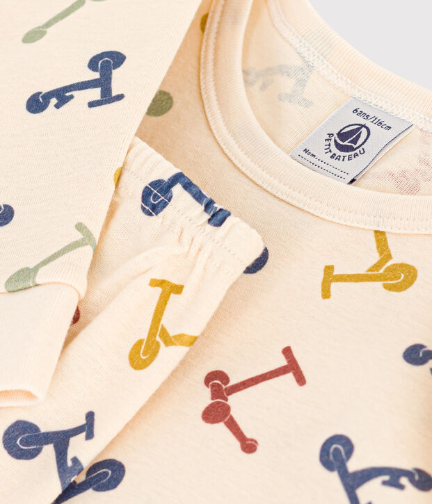 Aansluitende katoenen kinderpyjama met print van een stepje ecru/multicouleur