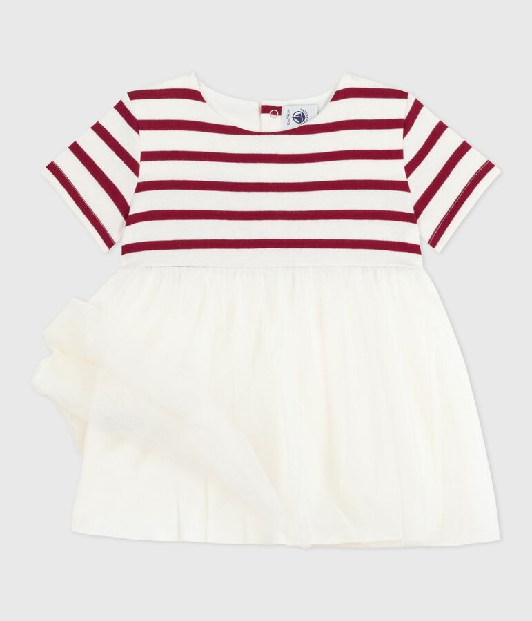 Babyjurkje met korte mouwen uit twee materialen ecru/rood