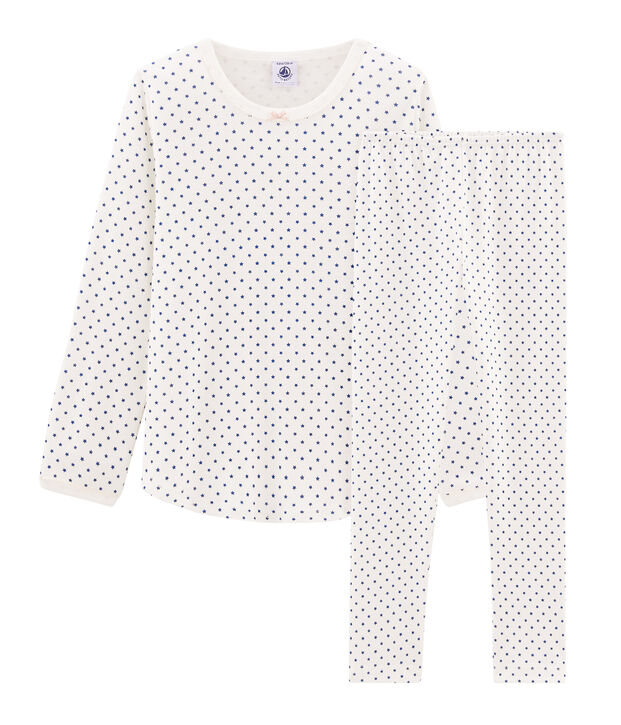 Pyjama petite fille en c&ocirc;te blanc/bleu