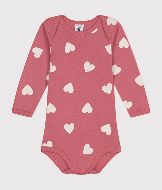 Body manches longues en coton b&eacute;b&eacute; rose/blanc