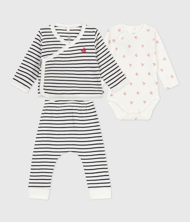 Ensemble b&eacute;b&eacute; 3 pi&egrave;ces marini&egrave;re et son body imprim&eacute; bateaux blanc/bleu