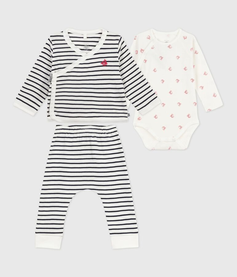Driedelig babysetje in marinestijl met body met bootjesprint wit/blauw