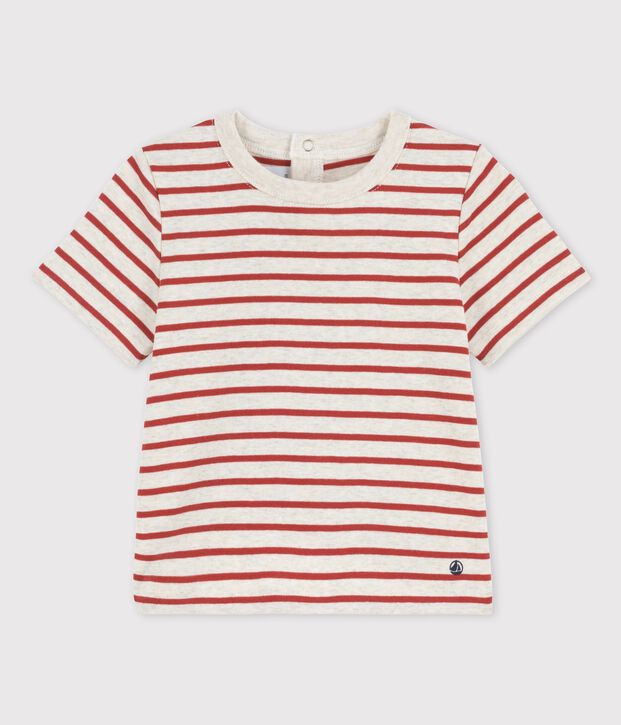 T-shirt van biokatoen met korte mouwen en streepjes voor baby's. beige/bruin