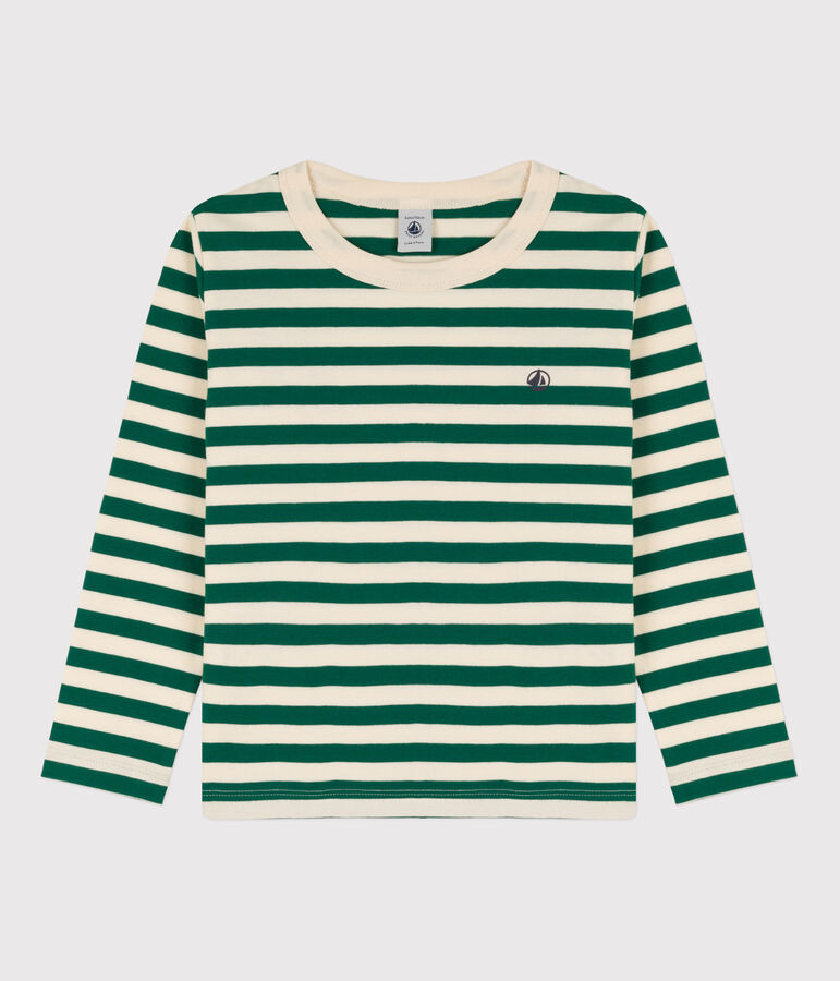 Tee-shirt manches longues en coton enfant gar&ccedil;on vert/&eacute;cru
