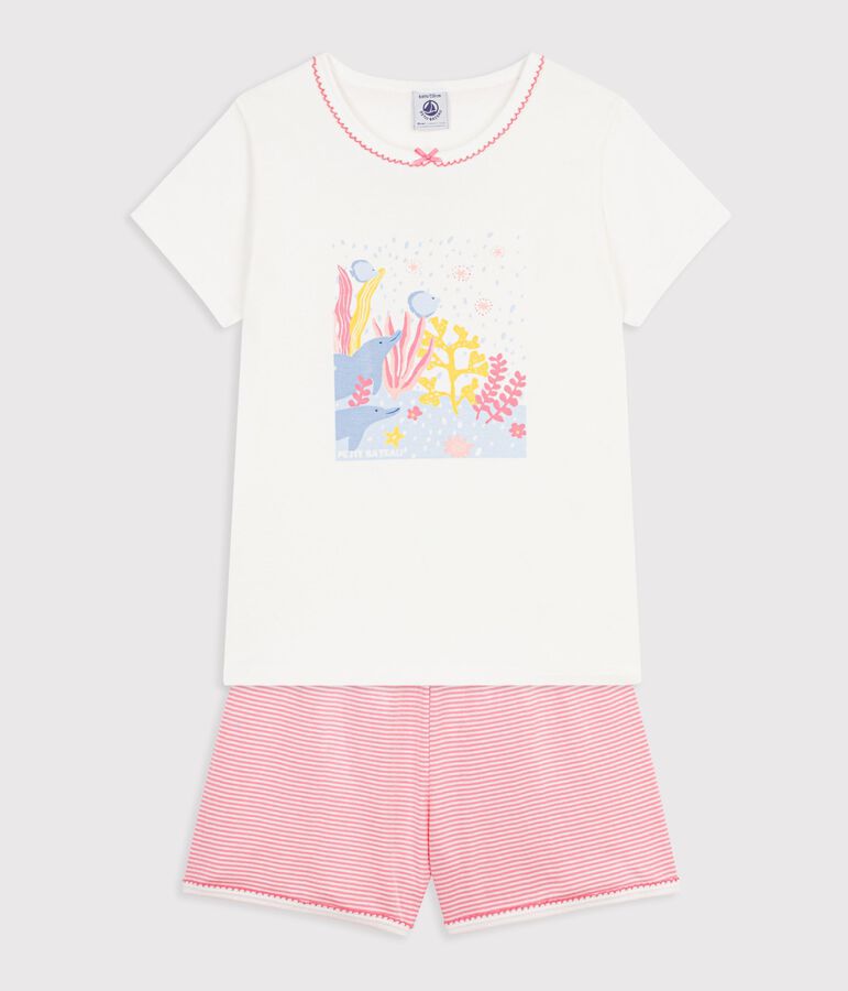 Pyjama short enfant en coton &agrave; motif oc&eacute;an blanc/rose