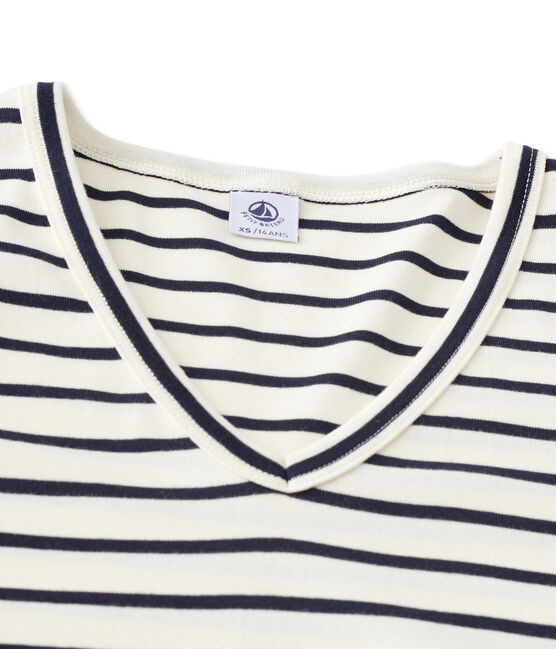 Gestreept dames-T-shirt met lange mouwen en V-hals beige COQUILLE/blauw SMOKING