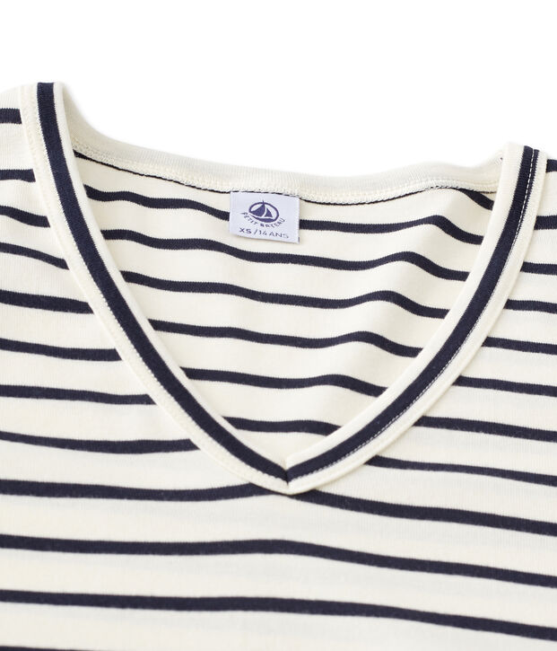 T-shirt femme manches longues col V ray&eacute; blanc/bleu