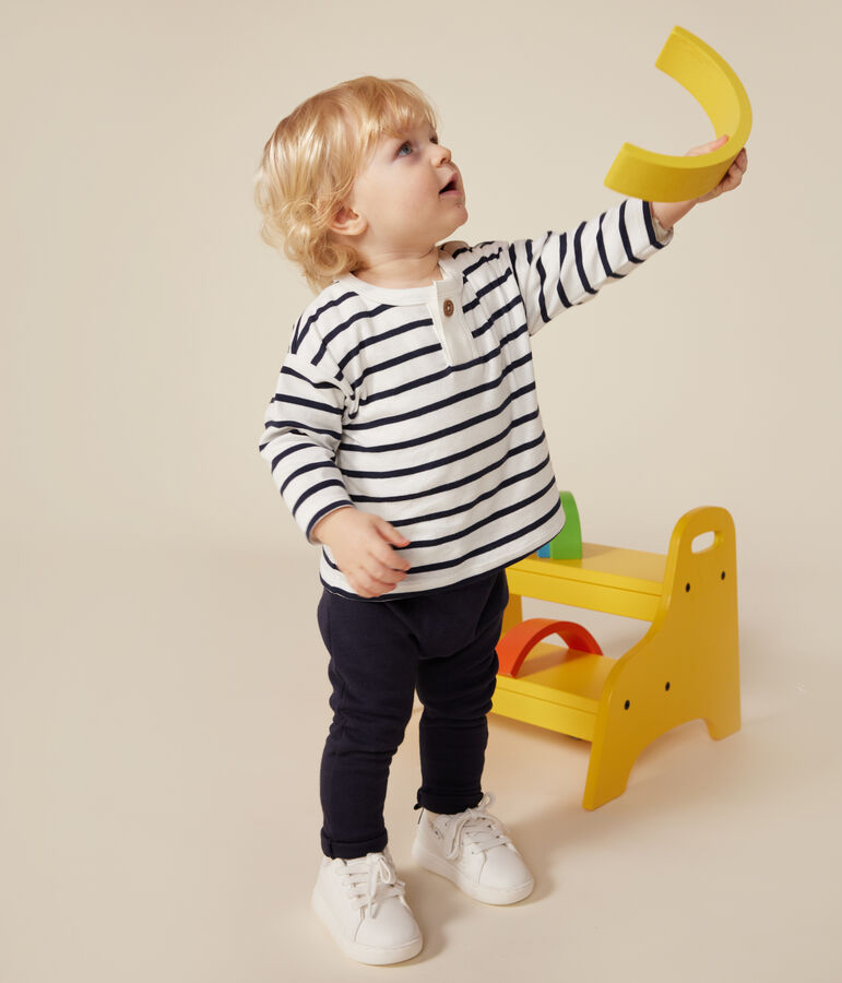 Tee-shirt manches longues en coton b&eacute;b&eacute; blanc/bleu