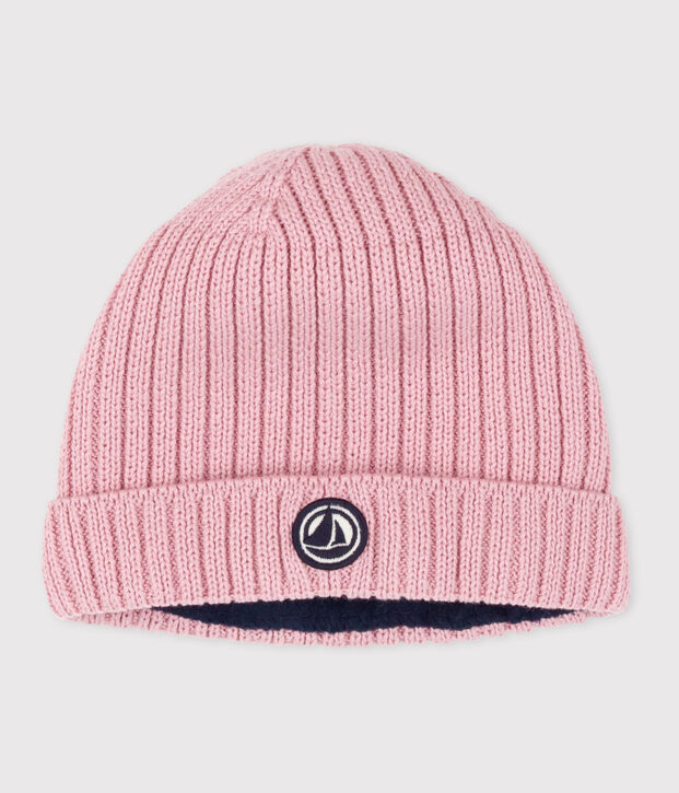 Gebreide babymuts met fleecevoering roze
