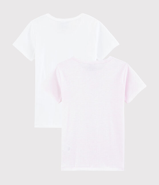 Set van 2 T-shirts van ribstof met korte mouwen en dunne, roze strepen voor meisjes variante 1