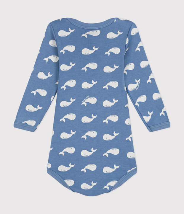 Body manches longues en coton b&eacute;b&eacute; bleu/blanc