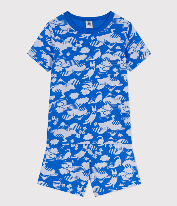 Katoenen pyjamashort met print voor kinderen blauw/wit