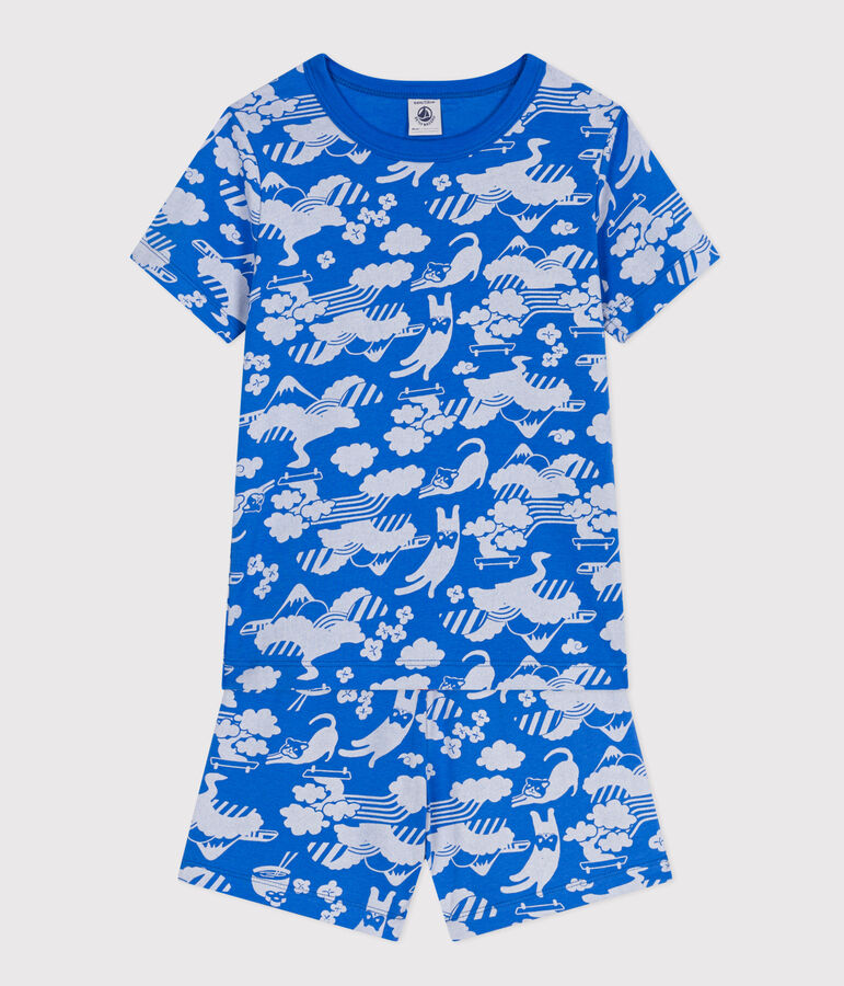 Katoenen pyjamashort met print voor kinderen blauw/wit
