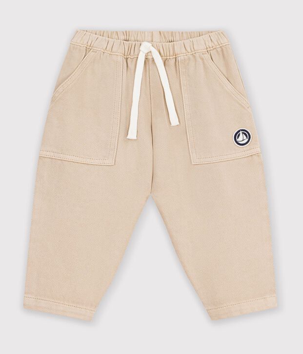 Pantalon b&eacute;b&eacute; en coton uni avec badge, style cargo beige