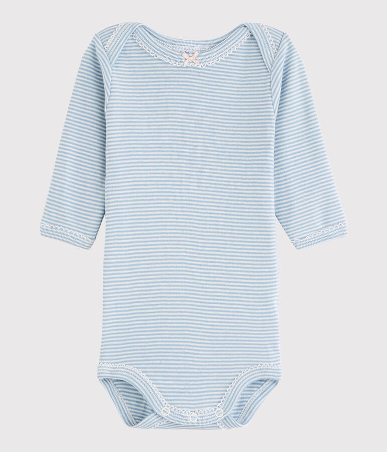 Rompertje lange mouwen babymeisje blauw ACIER/wit MARSHMALLOW