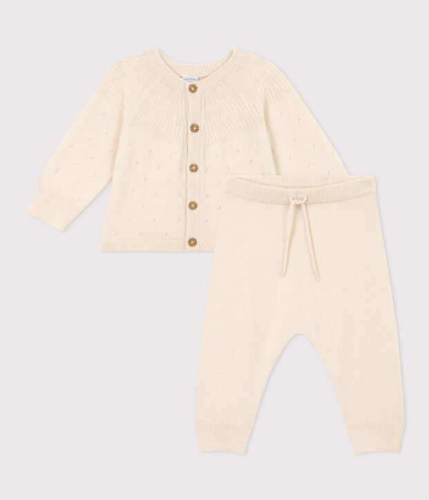 Ensemble en tricot laine et coton b&eacute;b&eacute; &eacute;cru