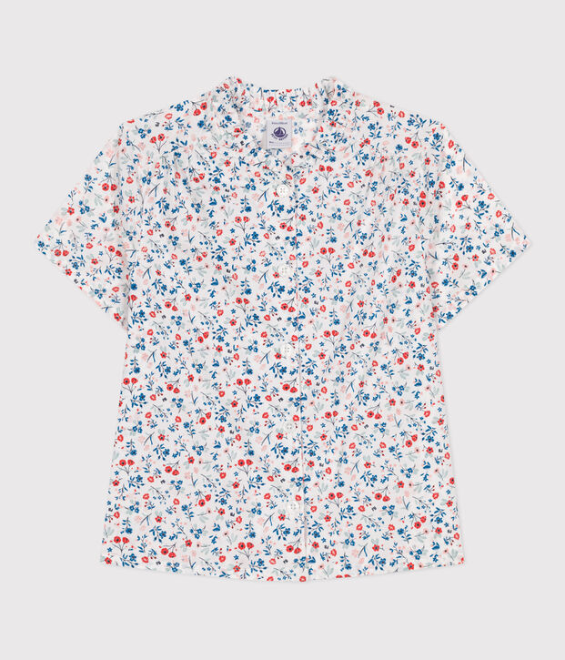 Blouse enfant en coton manches courtes fleurie blanc/multicouleur